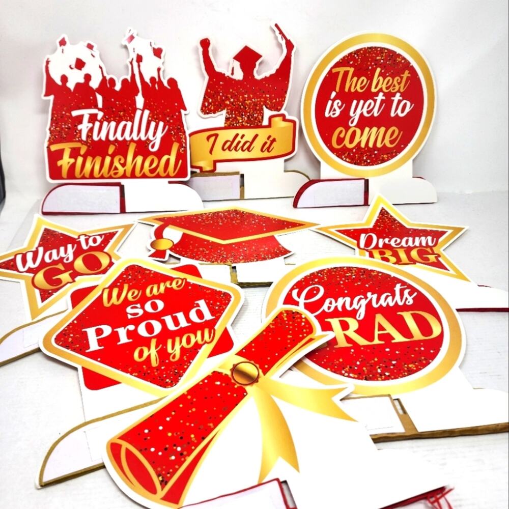 New Graduation Decorations Grad Party 9 Pc Table Toppers Red & White Party Decor